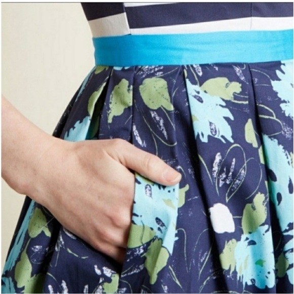 MODCLOTH Fit n Flare Striped Floral Blue Dress - Picture 3 of 9